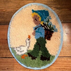 Vintage Oval Latch Hook Rug with Boy and Goose